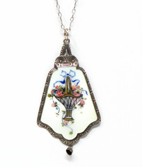 Antique Sterling Silver and Guilloche Enamel Pendant HFB Co. Flower Basket