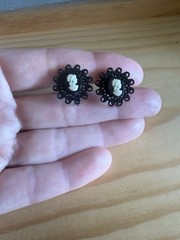Vintage White Cameo Portrait On Black Lace Accent Screwback Earrings