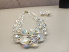 Vintage Double Strand Drop Shape AB Crystal Bead Necklace & Earring Set AB Clasp