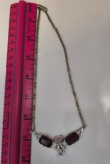 Vintage Art Deco style bow necklace silver tone choker hook red pink gemstones