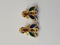 VTG Juliana Brooch & Clip on Earrings Green Blue Rhinestones Goldtone