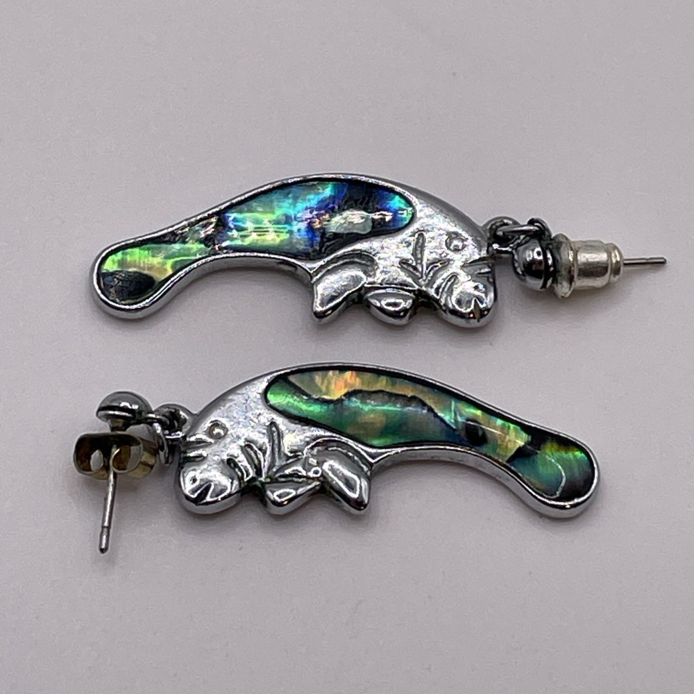 Earrings Animals Manatee Abalone Multicolor Silver Tone Small Metal Jewelry