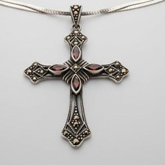 Vintage 925 Silver, Marcasite and Garnet Cross Pendant Necklace