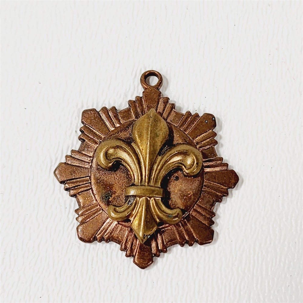 Vintage Copper & Brass Fleur De Lis Pendant Charm