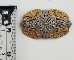 VTG Art Deco Style Brooch 2.5in Two Tone Filigree Domed Openwork Heavy 3D Estate