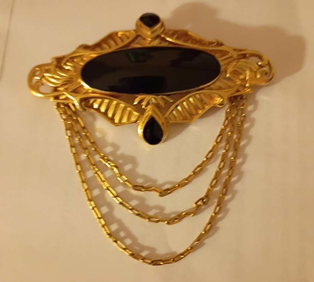 Rare Trifari Large Bar Pin Brooch Victorian Style Goth Black Enamel Gold chains