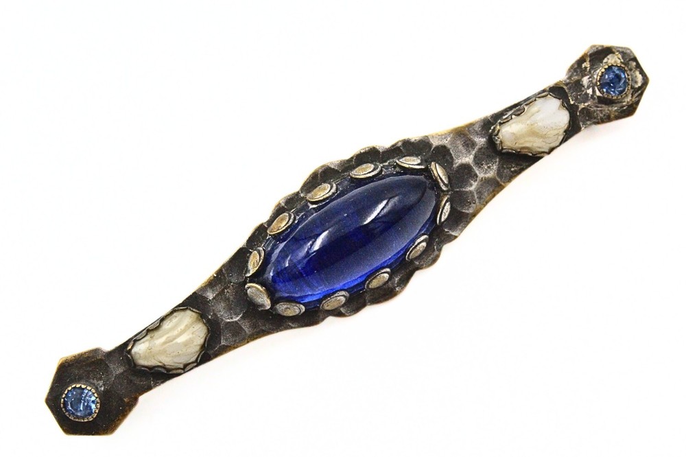 Lovely Antique Arts & Crafts Cobalt Blue Cabochon Brass Pin