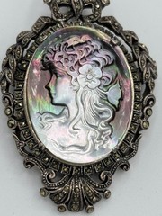 Antique German Art Deco 925 Sterling Silver Marcasite Cameo Brooch Pendant 33.2g