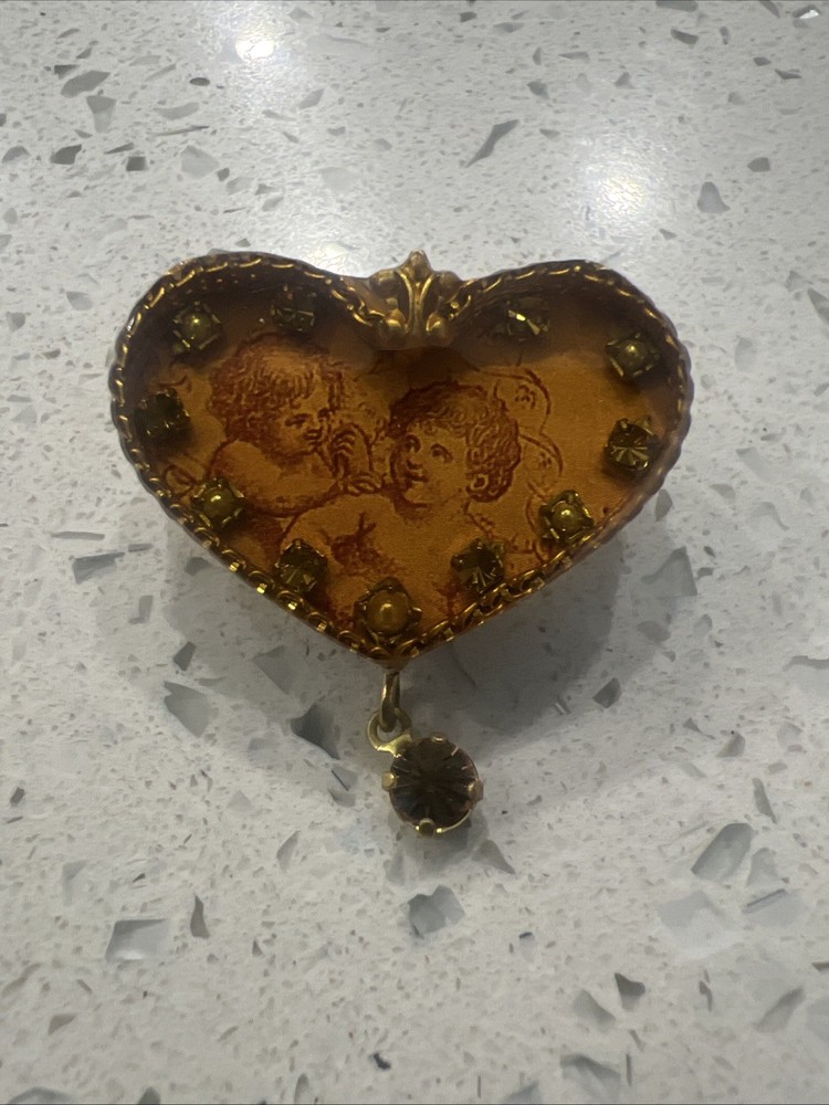 Maximal Art Gold Tone Heart Angels Shaped Pin/Brooch With Rhinestones