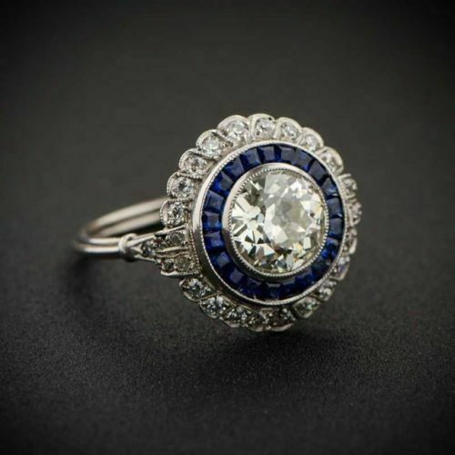 Art Deco Round Lab Created Diamond & Sapphire 14k White Gold Filled Wedding Ring
