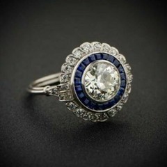 Art Deco Round Lab Created Diamond & Sapphire 14k White Gold Filled Wedding Ring
