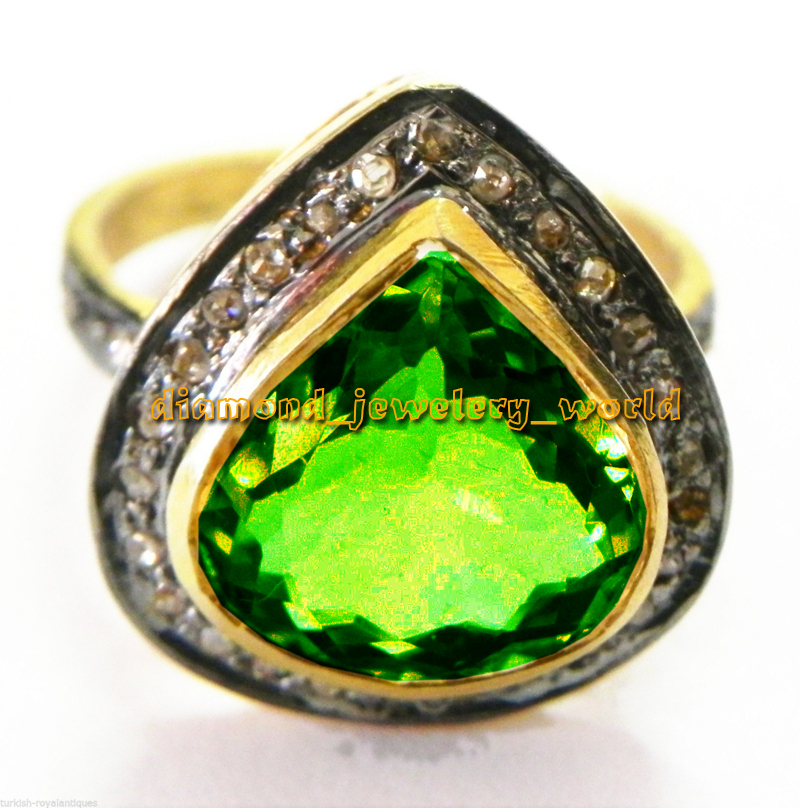Stunning 1.07Ctw Rose Cut Diamond Emerald Studded Silver Victorian Ring Jewelry