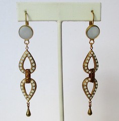 Pair of Vintage Moonstone & Mother-of-Pearl 3 1/4-Inch Brass Earrings/Boho
