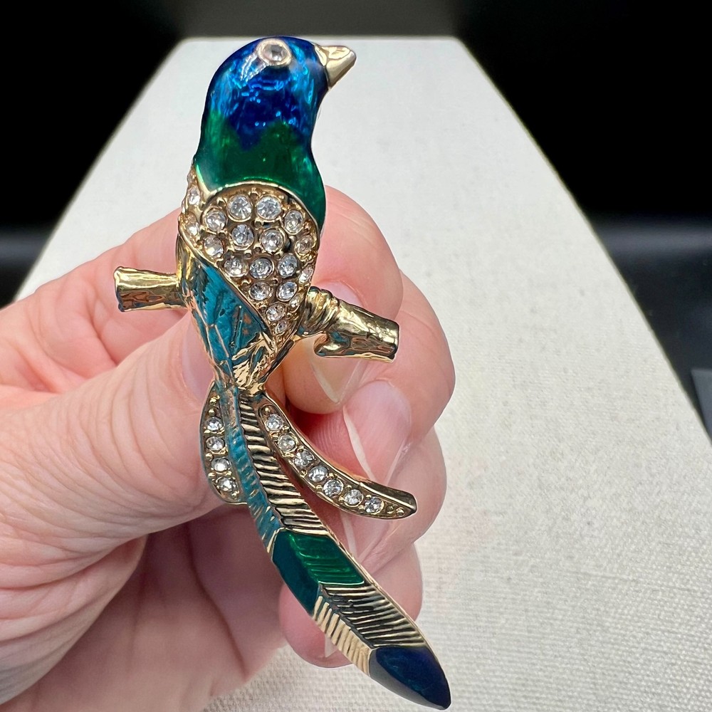 Vintage Blue Green Enamel Bird Brooch Gold Tone Perched Figural Pin Rhinestone