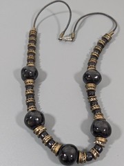 Vintage Black Ceramic Necklace Chunky Beads Bronze Tone Statement Tribal 25 in