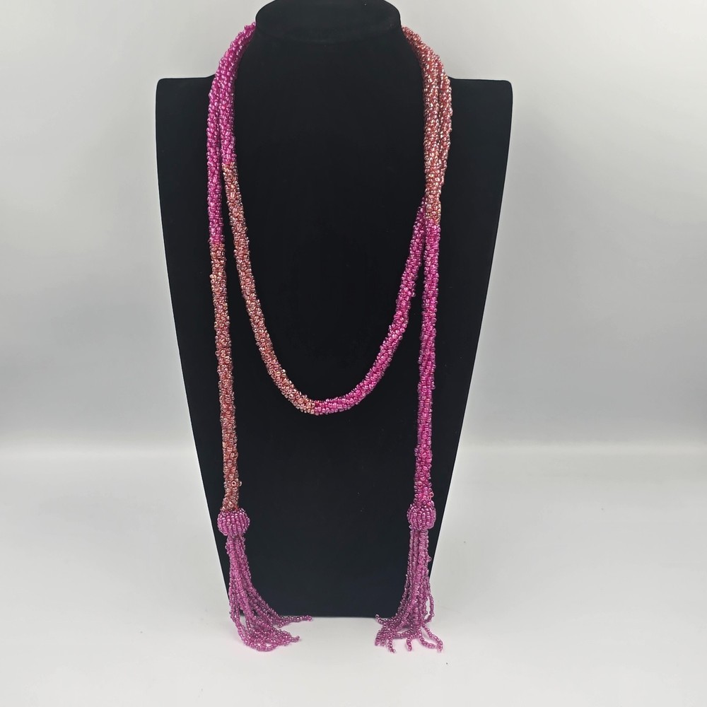 Vintage Sautier Necklace Flapper Style Lariat Pink Orange Beaded Tassel 54”