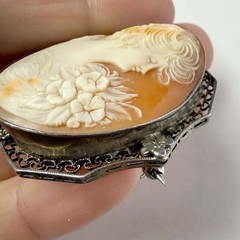Antique Sterling Silver Carved Shell Victorian Lady Portrait Cameo Brooch Pin