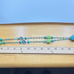 Vintage Y2K Blue & Green Beaded Tassel Necklace Boho Chic Long Lariat Style