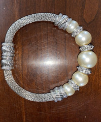 Vintage Faux Pearl Black & Silver Tone Stretch Cuff Beaded Bracelets Lot of 3