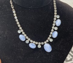 Vintage Blue Agate Glass And Crystal Choker Necklace 1940s 1950s Silve Chain