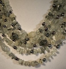 Vintage Tourmalinated Prehnite Nugget Necklace W/Bicone Beads, Freshwater Pearls