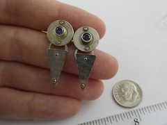 Vintage IC Signed Handmade Sterling Silver Iolite Modernist Earrings 925 1.25 In