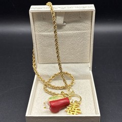 Custom Vintage Charm Trio, Vtg Gold Plated Chain Necklace, Coral, Chinese Symbol