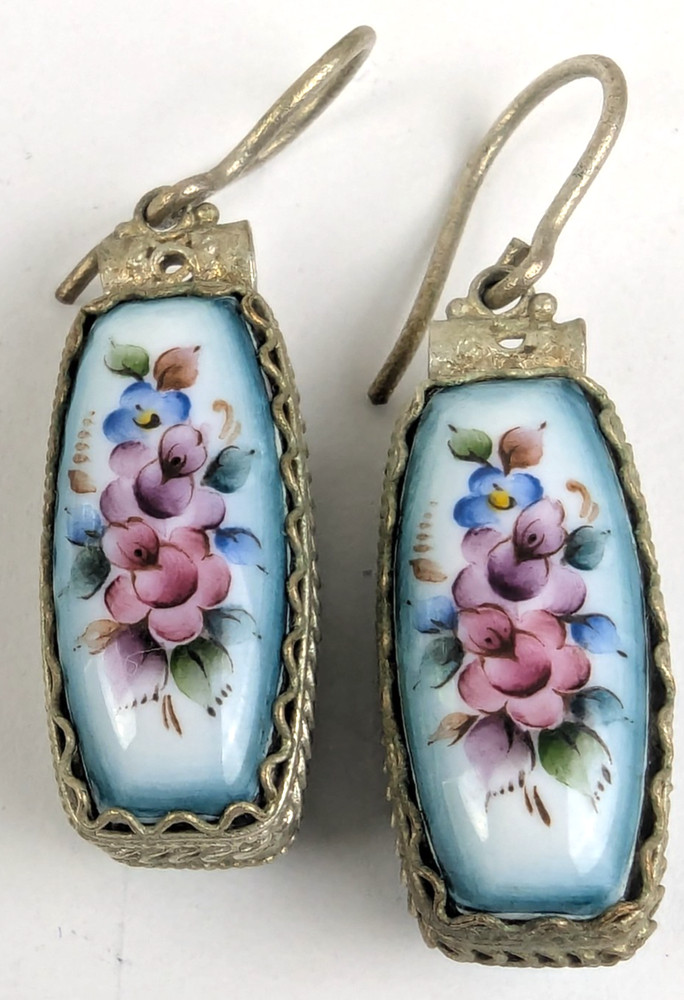 Vtg Russian Rostov Finift Porcelain Enamel Drop Dangle Earrings Double Sided