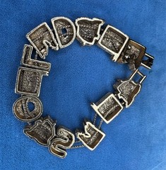 Vintage 70s Realtors Sold House Home Slider Charm Bracelet Gold Tone Red Inlay
