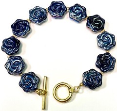 Artisan Toggle Bracelet Molded Glass Flower Black Iridescent Oil Slick AB 8.5 in