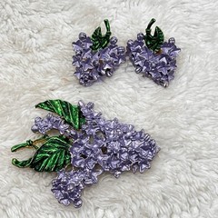 Vintage Lilac Flower Jewelry Set Brooch Clip On Earrings Purple Enamel