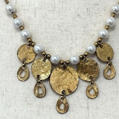 Vtg Gold Tone Coin Necklace Faux Pearl 18” Signed Casual Corner Beach Nautical