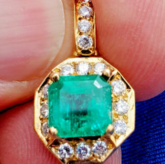 Original EARTH MINED Colombian EMERALD DIAMOND Pendant Deco Halo SOLID 18K GOLD