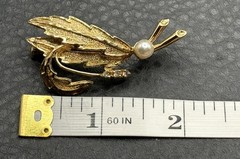 Vintage Clear Quartz Stone and Faux Pearl Gold Plated Leaf Brooch Trombone Clasp