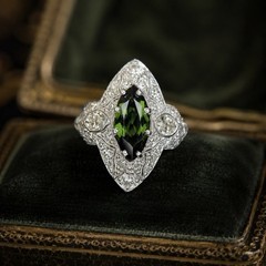 Art Deco Marquise Green Tourmaline Diamond Platinum Ring