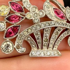 Vintage Pot Metal Flower Basket Rhinestone Brooch Silver Tone READ