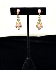 VTG Antique DECO PINK Cat’s Eye Glass Cabochon Filigree Drop Screw Back Earrings