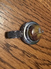 Vintage Round Silver Tone Caramel Brown Swirled Cabochon Pendant 1 3/4”