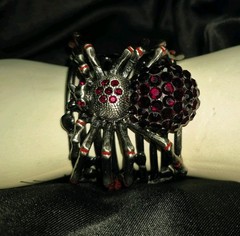 Vintage Spider Statement Ruby Red Rhinestones Silver Adjustable Cuff Bracelet