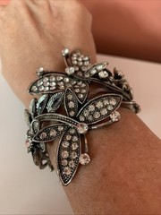 Vintage Blackened Silver Toned Butterfly Rhinestone Hinged Cuff Bracelet