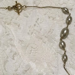 Vintage Monet Long Faux Pearl Station Bead Necklace Toggle Clasp Signed Layering