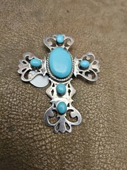 W R Sterling Silver Turquoise Cross Brooch 5 Oval Stones old pawn Indian jewlery