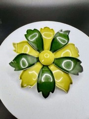 Vintage ‘60s Enameled Flower Pin Brooch Light/Dark Green 2.25” Diameter