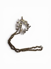Boucher Gold Tone And White Enamel Modernist Brooch Pendant, 3″ With Chain
