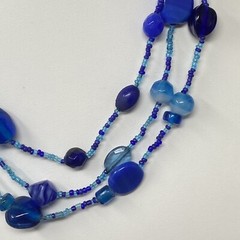 Layered Art Glass Necklace Blue Marble Opaque Transparent Bead Seed Acrylic 20″
