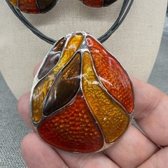 Vintage Chicos Necklace Earrings Jewelry Set Orange Brown Enamel Silver Tone