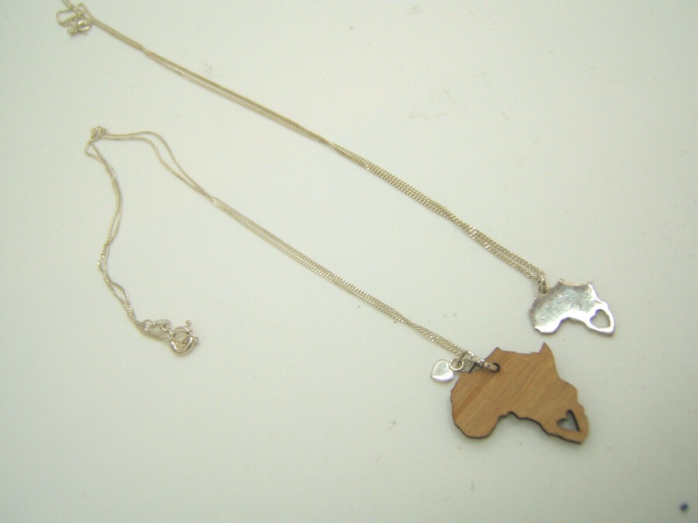 2 Sterling Silver & Wood Africa with heart Pendant Necklaces Excellent condition