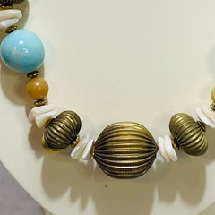 Vintage Designed By Paula Faux Necklace wood, plastic, metal & stone teal bronze