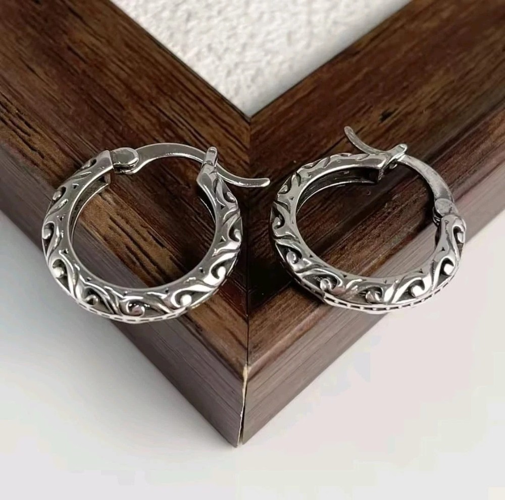 Vintage Sterling Silver Hoop Earrings Geometric Retro Pattern Statement Jewelry.