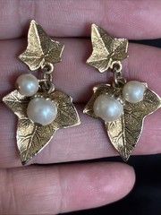 Vintage Ivy Leaves & Faux Pearls Stud Earring Stylized Drop Dangle Earrings
